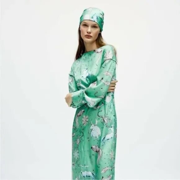 Zara Zodiac Print Limited Edition Sea Green Satin Midi Dress Womens Size XS NWT - Picture 1 of 13